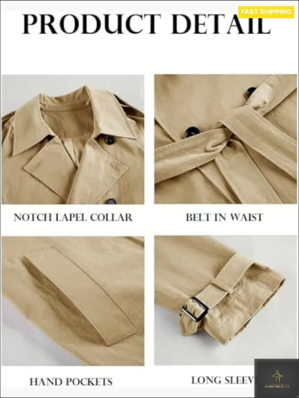 Double Breasted Trench Coat Classic Lapel Slim Fit Windproof Overcoat with Belt - Picture 6 of 7
